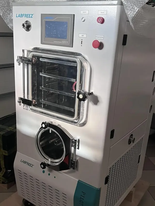 Freeze dryer with a transparent chamber door and tray shelves